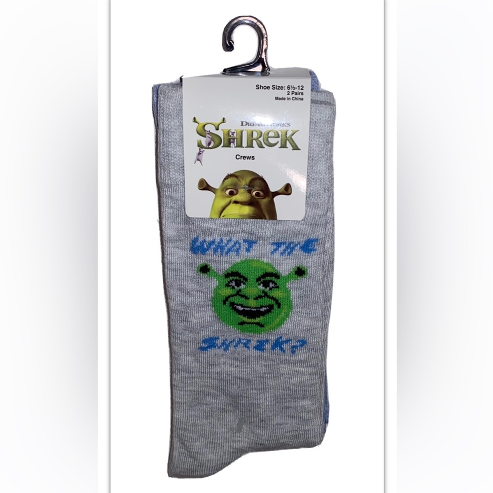 Shrek Crew Socks 2 Pair Men 6.5-12 Heather Gray & Blue w Faces Donkey Waffles